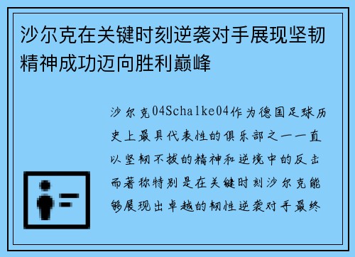 沙尔克在关键时刻逆袭对手展现坚韧精神成功迈向胜利巅峰